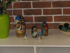 Five of my nesting dolls set together - the largest one is Mary, Joseph and Jesus, then there are two with shepherds on them and the smallest ones are sheep and donkeys.