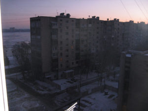 Looking our our apartment window you see lots of tall apartment buildings - these are mostly 1980 vintage Russian built apartments made of concrete and brick and close together.  Notice the satellite receivers on the roof tops - there are lots of them. 