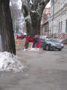 As you turn the corner at the top of the hill there is this tree that is wrapped in colorful blankets. I wonder if it is wrapped year long or only in winter. We shall see in the spring if the wrapping comes off.