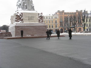 The new guards march forward to meet the guards they are replacing.