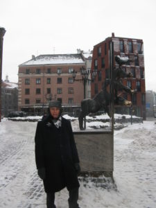 I loved the story of The Bremen Town Musicians when I was young and low and behold here in old town Riga is a statue to them. Carl is standing near it. It is kind of dark but there is definitely a donkey, a pig, a cat and a rooster. This is outside a church - interesting.