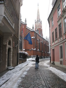 Here we walked seeking the church under the steeple. Cute street to walk on.