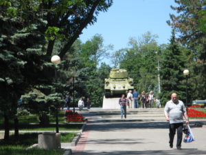 Tank Statue at the other end of the walkway going back to the office.
