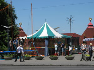 Activities across the street by the river. One is a tramp where you put on a harness and get to jump up and down with a bungee cord.