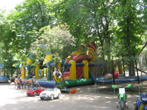 So between the cathedral and the museum is a park with a playground and a huge blow up play house. There are also swings, slides and the normal playground things. The cars seem to be very popular and we see them many places. Children get to rent them and ride around in them.