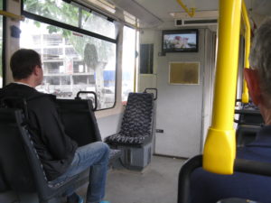 Since there was almost no one on the tram I snuck a picture. They now have TVs on most of the trams. You can see the trams are actually quite nice inside.