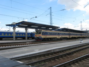 A passenger train waiting to go.
